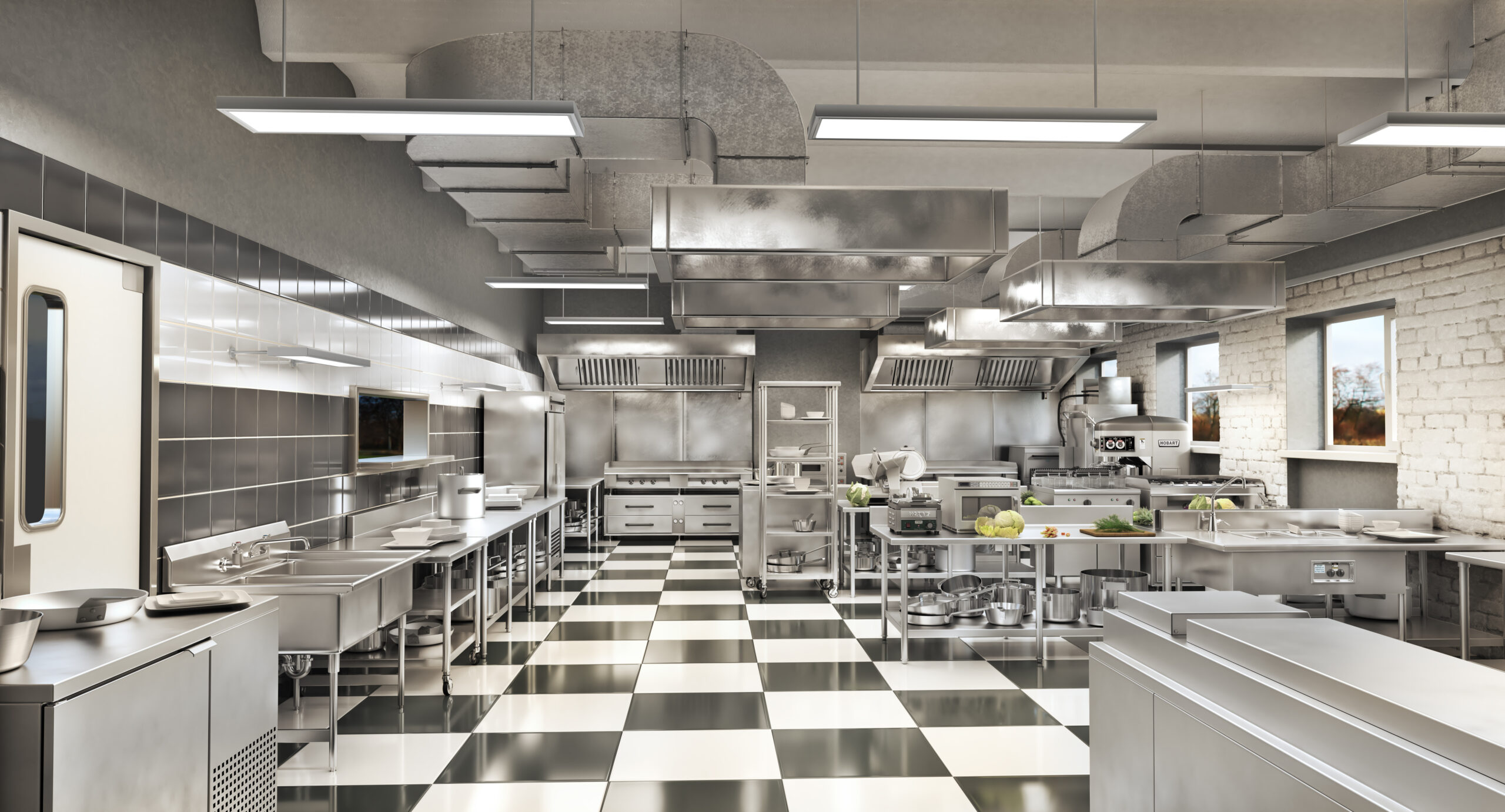 Restaurant equipment. Modern industrial kitchen. 3d illustration